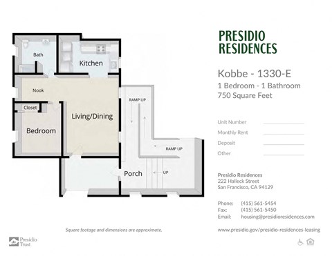 Floor plan for 1 bed, 1 bath, 750 sqft